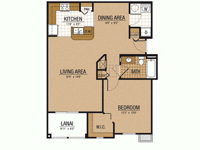 Floor plan for 1 bed, 1 bath, 938 sqft